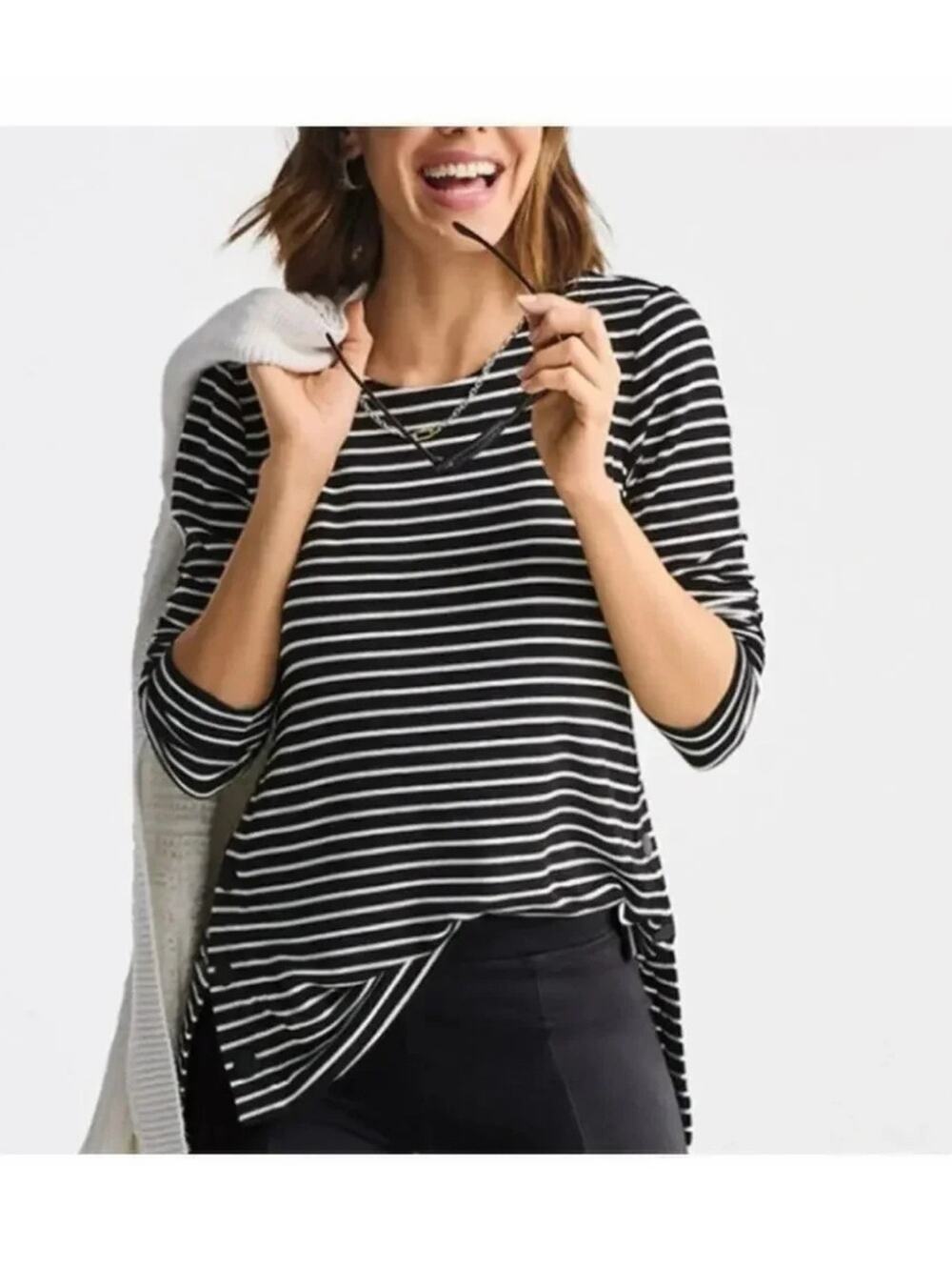 Cabi Side Snap Striped Tee Tunic Black White Size Large